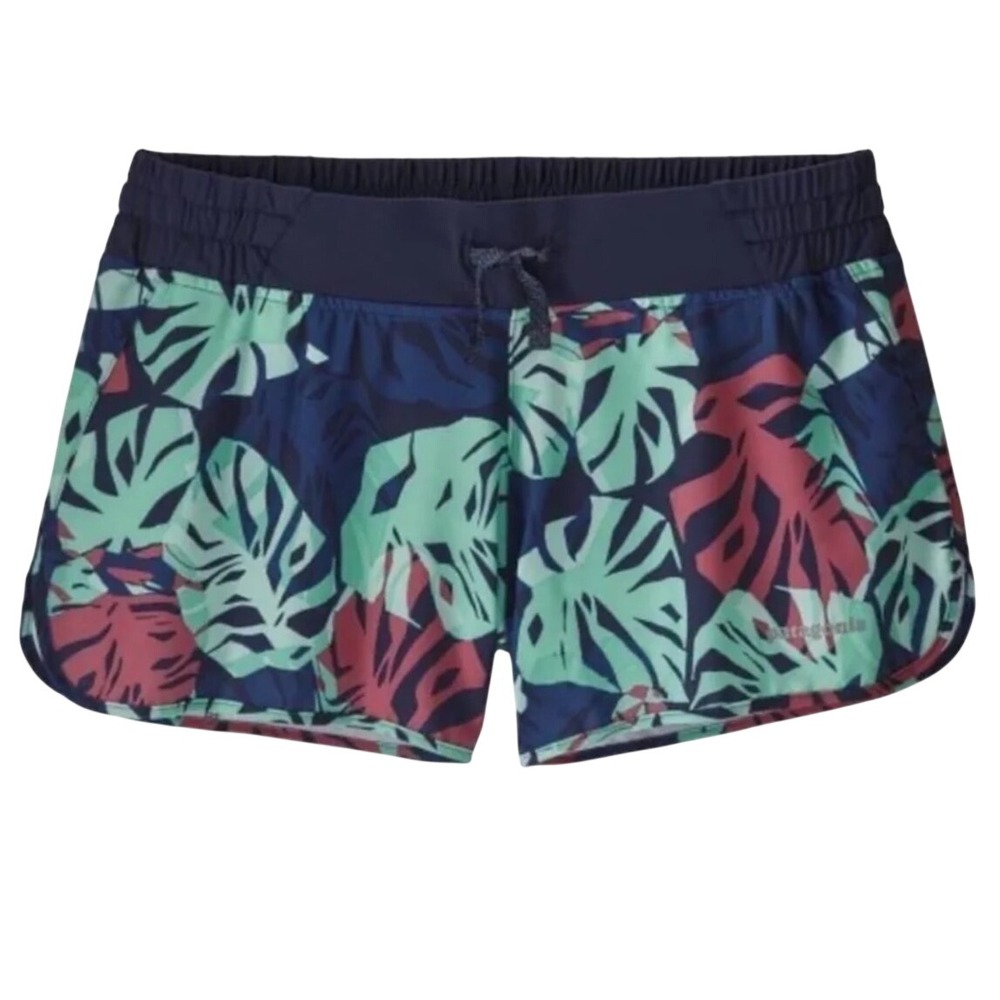 Patagonia Womens Large Nine Trails Shorts 4" Running Blue Pink Tropical Print